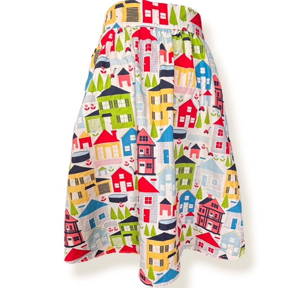 Retrolicious House Print Cotton Mini Skirt Novelty Print Mod Neighborhood Retro